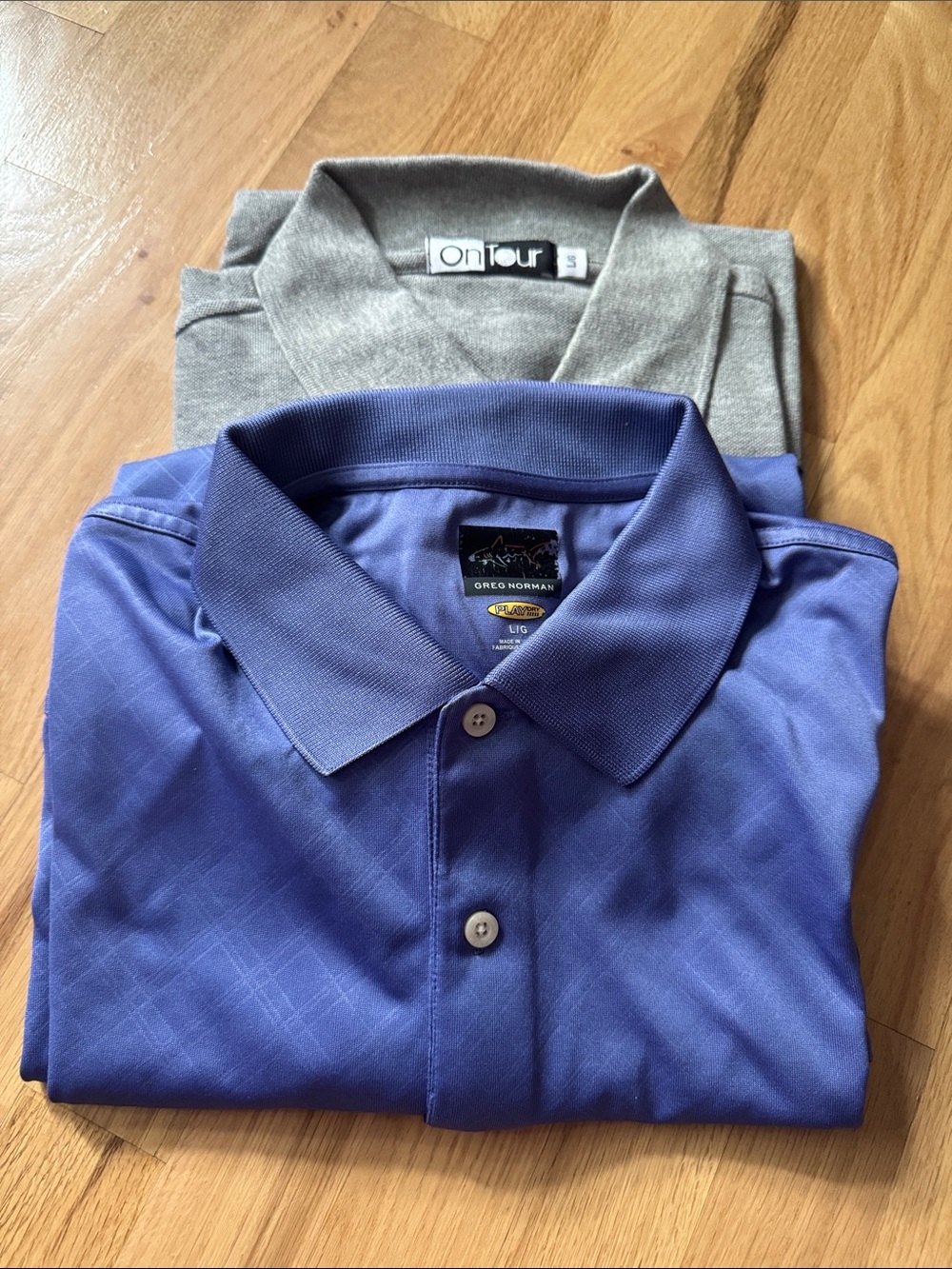 2 Men’s Golf Polo Shirts Large Greg Norman Play Dry OnTour Purple Gray